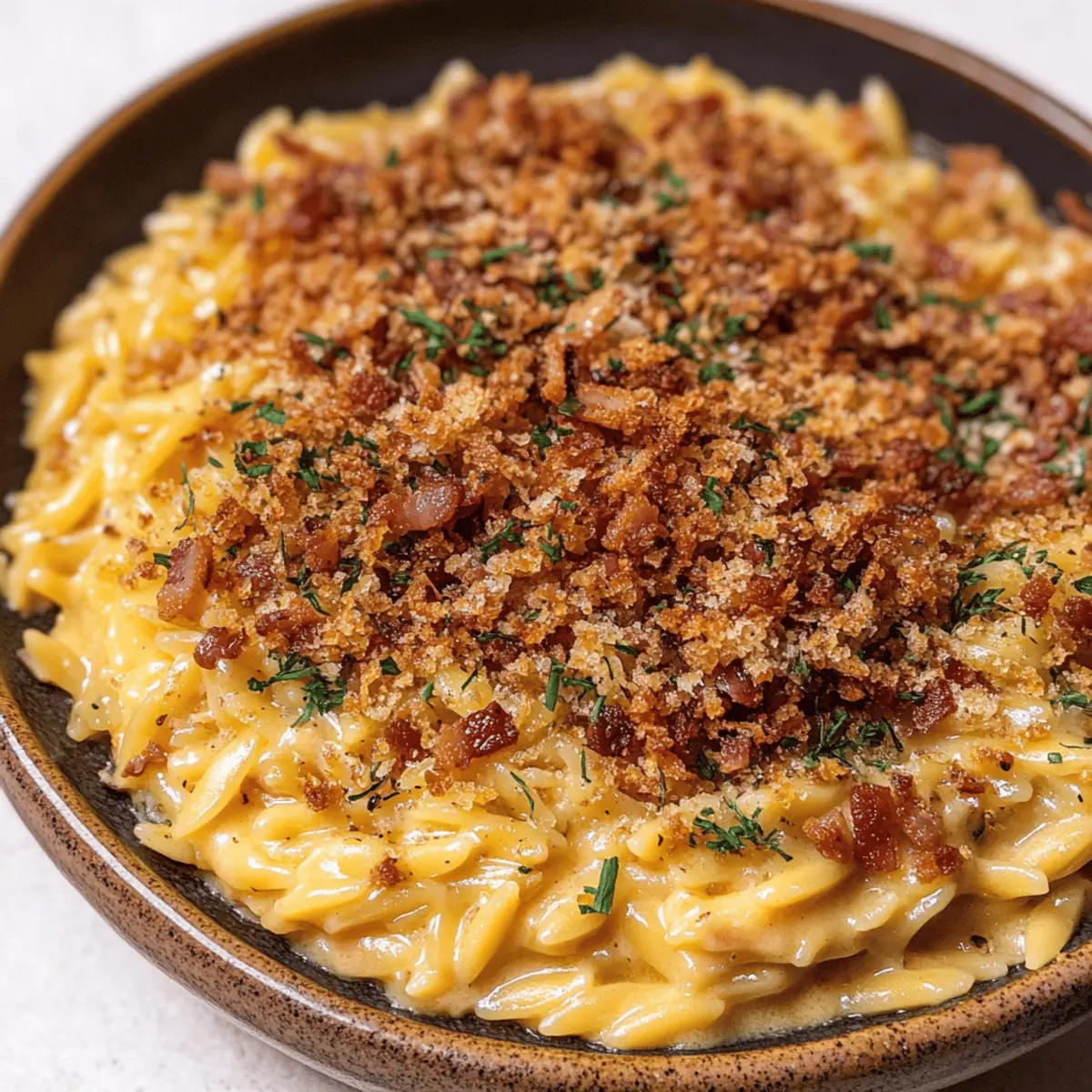 Cheesy Orzo Mac and Cheese with Bacon Breadcrumbs