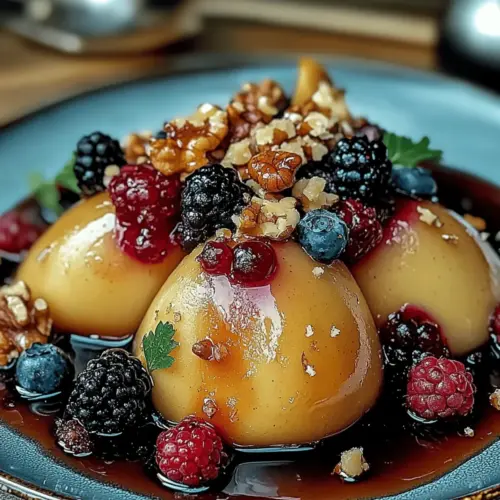 Baked Pears with Berries, Honey, Walnuts & Blue Cheese
