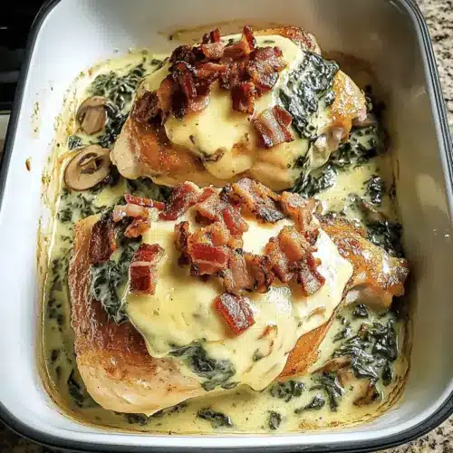Smothered Chicken with Creamed Spinach, Bacon, and Mushrooms
