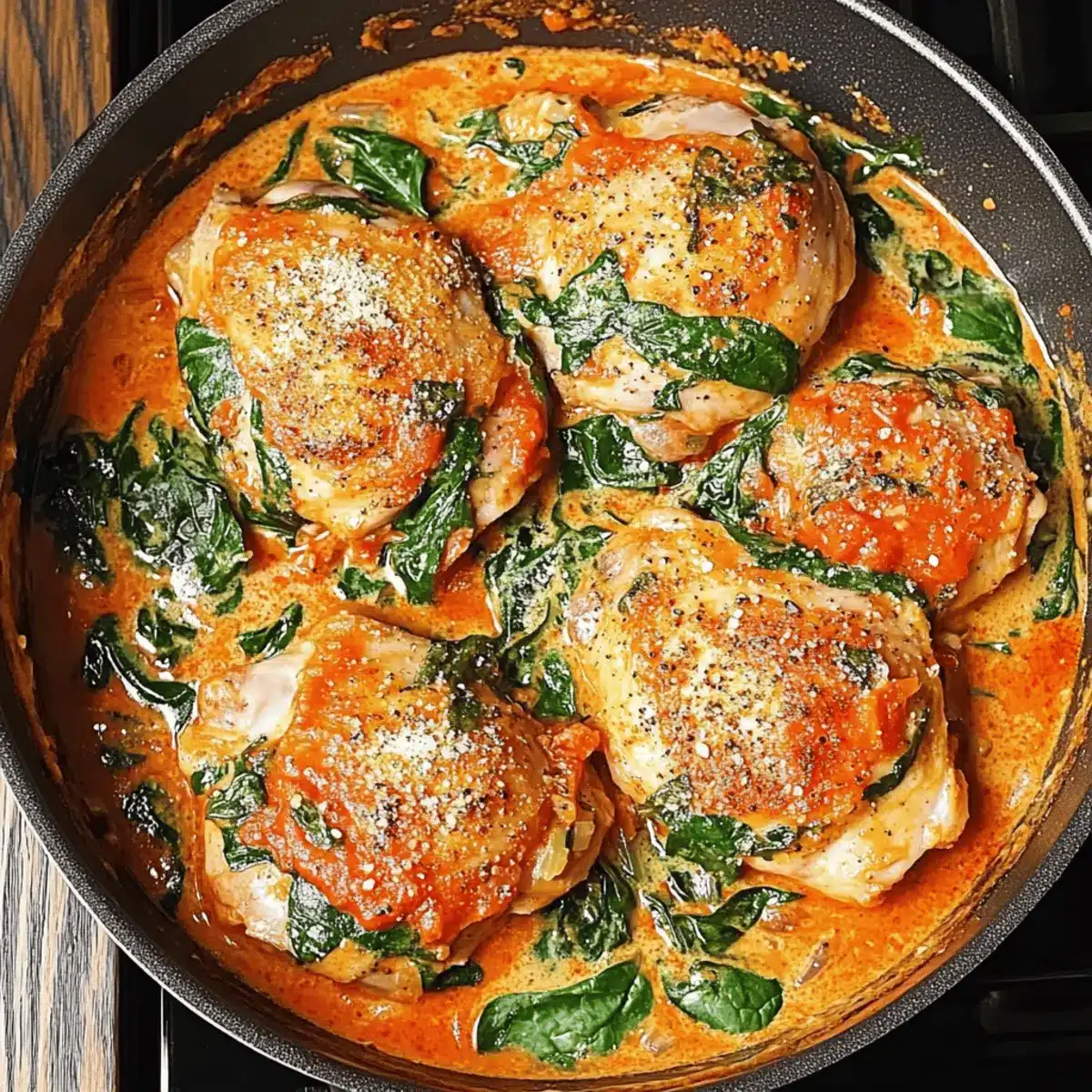 Skillet Chicken Thighs with Creamy Tomato Basil Spinach Sauce