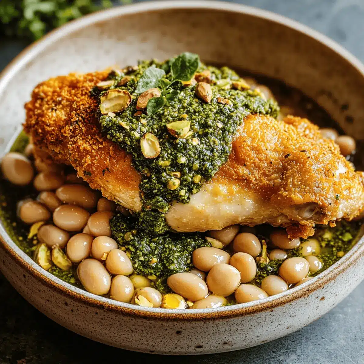 Crispy Chicken with Cannellini Beans & Pistachio Pesto
