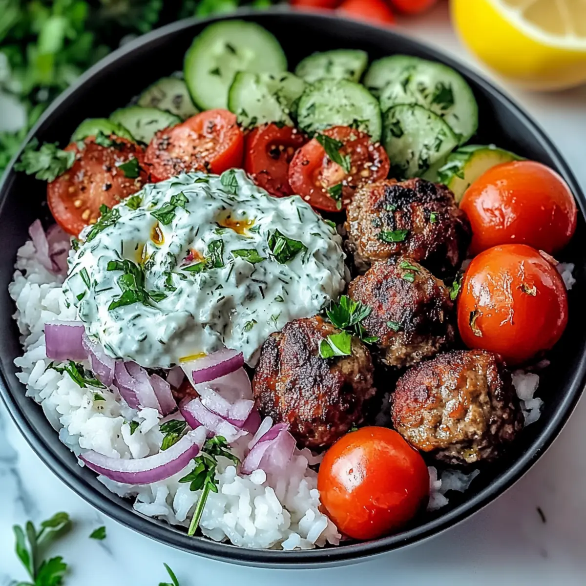 Meatball Bowl with Tzatziki, Rice & Fresh Veggies